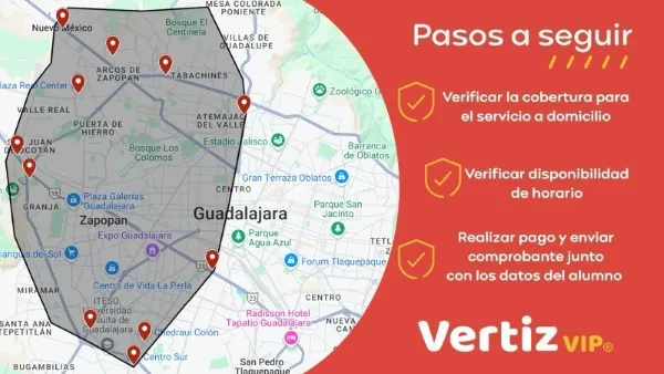 Gráfico de la escuela de manejo en Zapopan con el área de servicio y los tres pasos esenciales para el proceso de inscripción